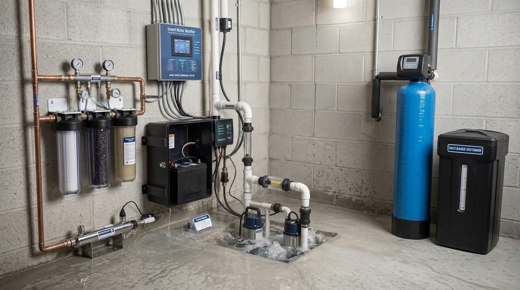 Do You Need a Backup Sump Pump? A Guide for Lowell Homeowners A basement water treatment and sump pump system with filtration tanks, water softener, pressure gauges, pipes, pumps, and electronic water monitoring equipment.