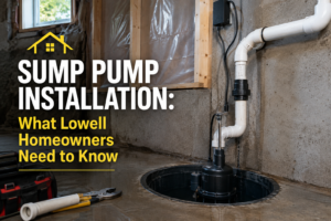 A professional sump pump system in a dry concrete home basement in Lowell Massachusetts