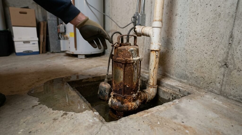 How to Know When Your Sump Pump Needs Replacement in Lowell, MA A corroded, older model sump pump being inspected in a damp basement sump pit.
