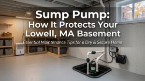 A professional sump pump system in a dry concrete home basement in Lowell Massachusetts