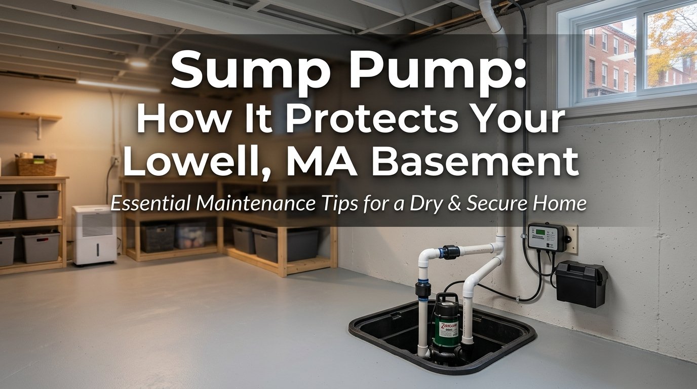 A professional sump pump system in a dry concrete home basement in Lowell Massachusetts