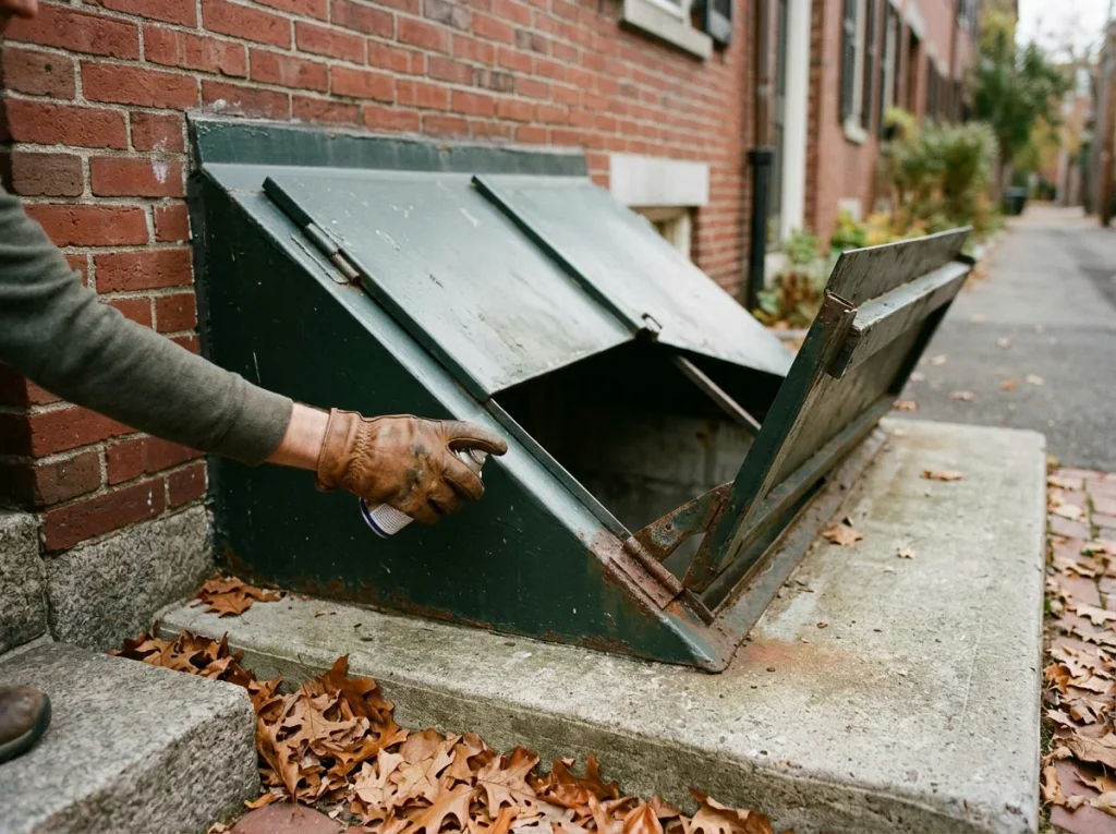Bulkhead Door Maintenance Tips for Boston Homeowners Homeowner cleaning and greasing a bulkhead door hinge in Boston