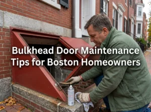 Homeowner performing bulkhead door maintenance with a brush and spray lubricant