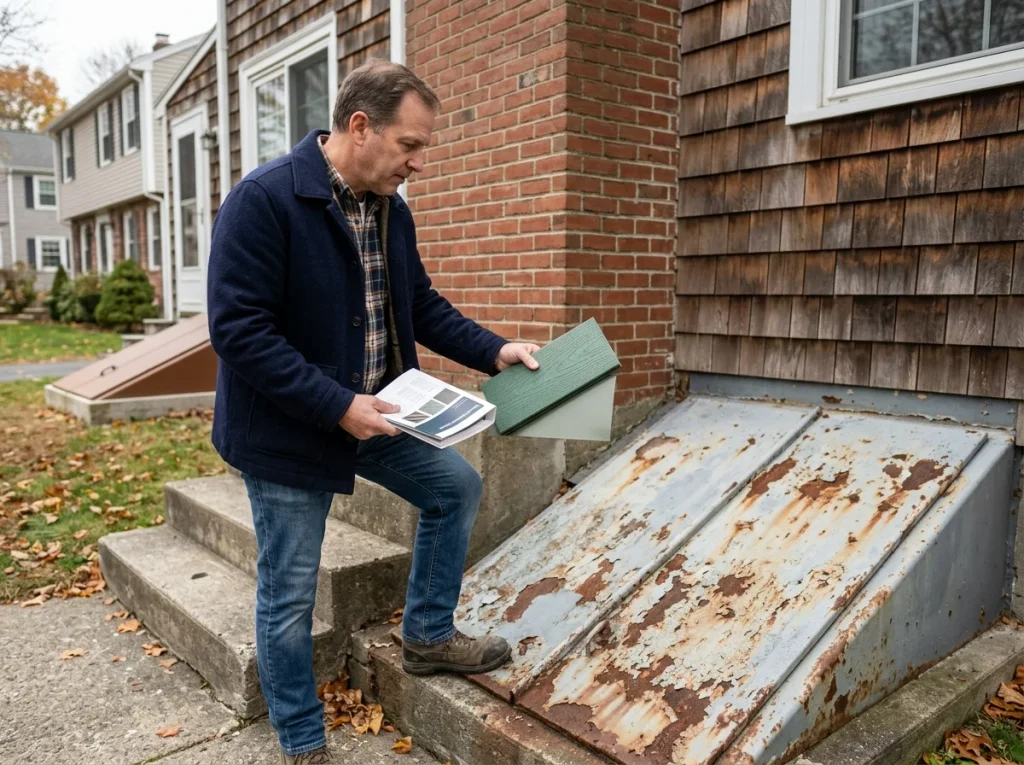 Which Bulkhead Door Material Is Best for Massachusetts Homes? Homeowner comparing a new composite bulkhead door sample with a rusted metal basement entrance in Massachusetts