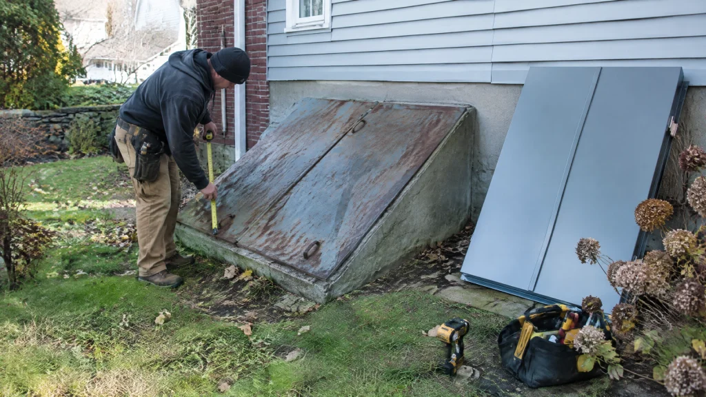 Worker measuring an old rusted basement bulkhead door before replacement