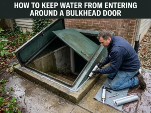 A restoration worker applies sealant around a basement bulkhead door to prevent rainwater from entering the home.
