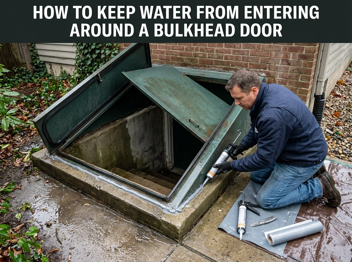 A restoration worker applies sealant around a basement bulkhead door to prevent rainwater from entering the home.