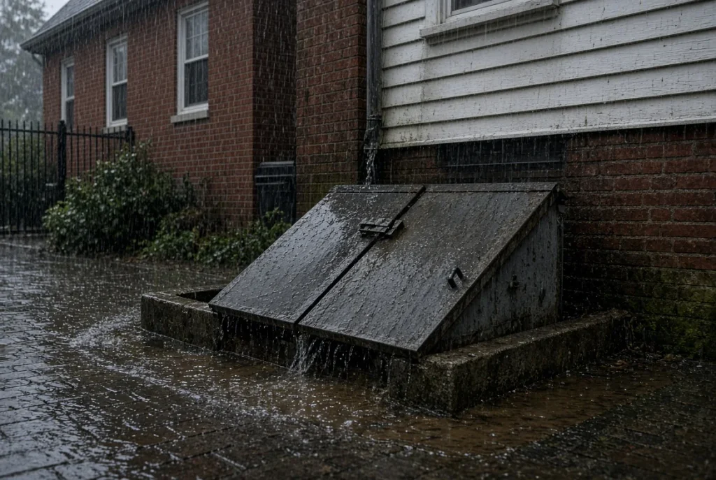 Why Does My Bulkhead Door Leak During Heavy Rain in Boston? Metal bulkhead basement door leaking heavily during a rainstorm on a brick house in Boston
