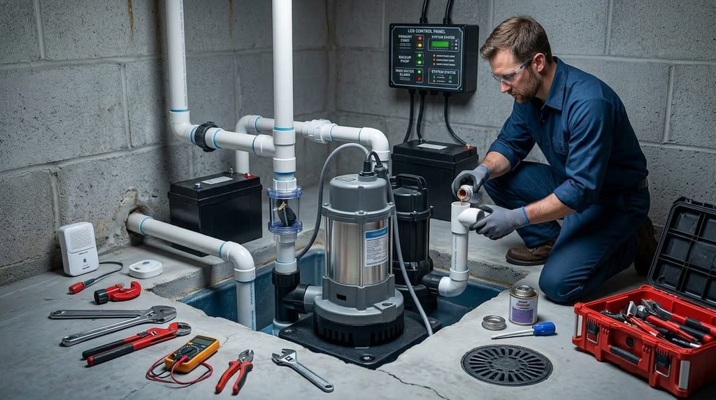 Sump Pump Installation Cost in Lowell, MA: What Homeowners Can Expect Plumber installing a sump pump system with battery backup in a residential basement