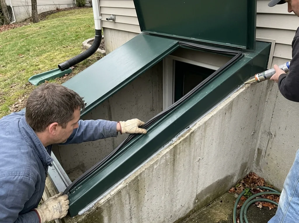 How to Keep Water From Entering Around a Bulkhead Door Workers sealing a basement bulkhead door to prevent water leaks