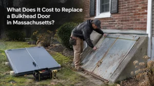 Contractor measuring a rusted bulkhead door before replacing it in Massachusetts