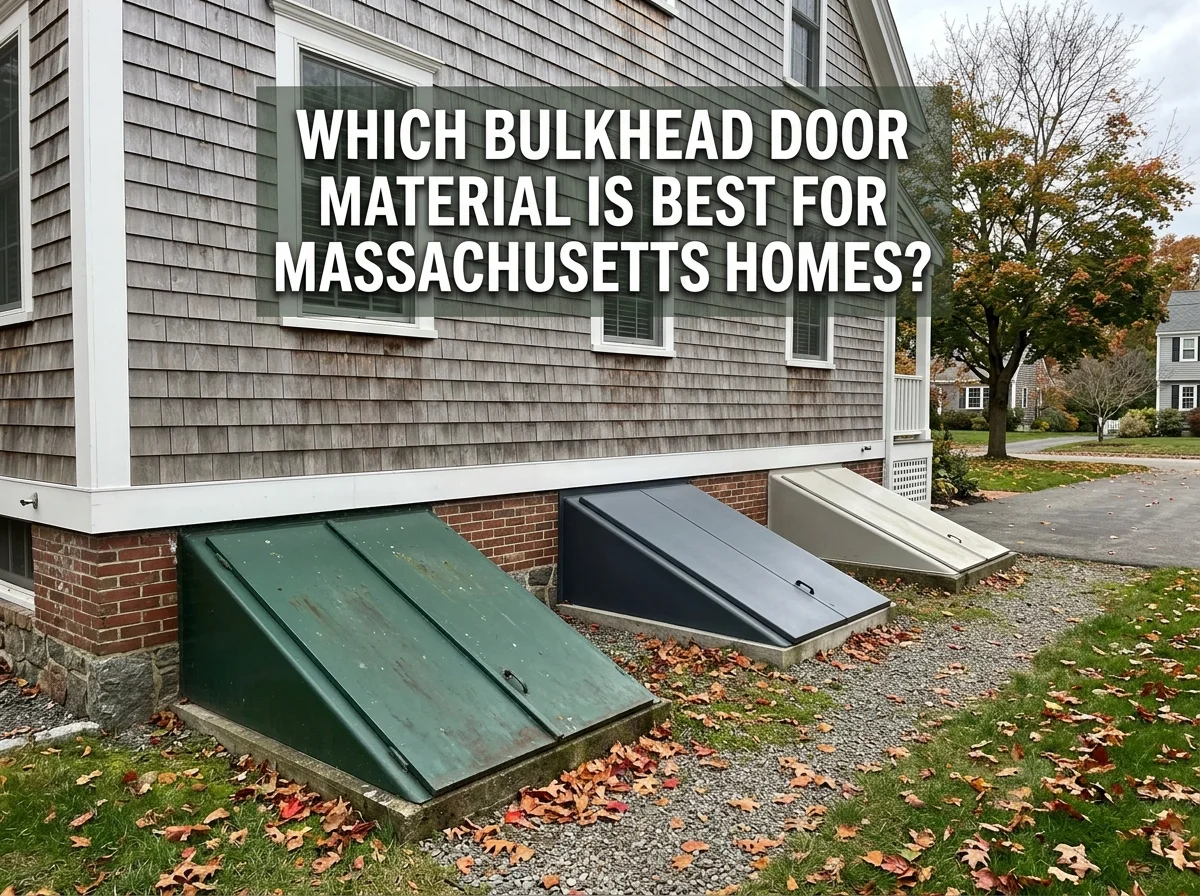 Three basement bulkhead doors in different materials outside a Massachusetts home
