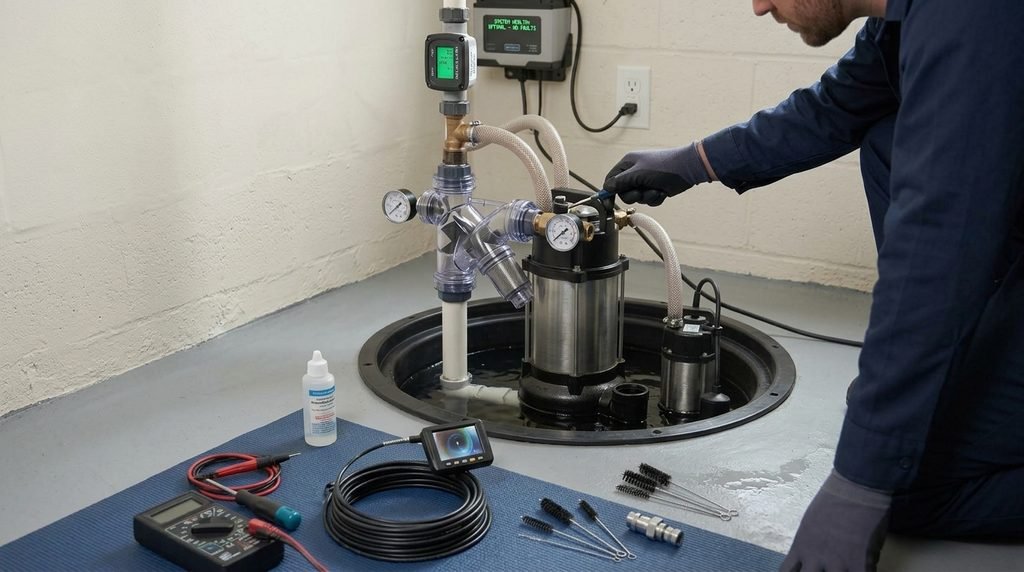 How to Maintain a Sump Pump and Prevent Basement Water Problems in Lowell, MA Plumber performing maintenance on a sump pump with pressure gauges and diagnostic tools