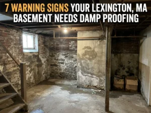 A basement showing clear signs of moisture intrusion—stained stone walls, efflorescence, a cracked column, and wet floors—with overlay text identifying the seven warning signs that point to the need for damp proofing in Lexington, MA.