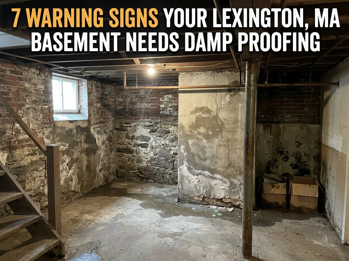 A basement showing clear signs of moisture intrusion—stained stone walls, efflorescence, a cracked column, and wet floors—with overlay text identifying the seven warning signs that point to the need for damp proofing in Lexington, MA.