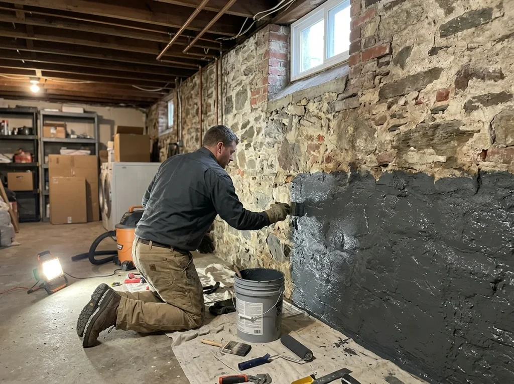 Worker brushing dark waterproofing sealant onto a stone basement wall.