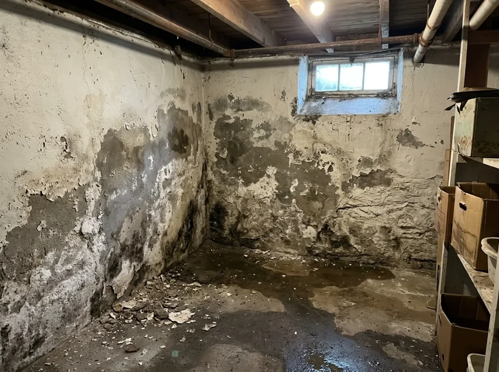 7 Warning Signs Your Lexington, MA Basement Needs Damp Proofing A badly deteriorated basement with mold-stained walls and a flooded floor, showing the costly damage that timely damp proofing and waterproofing can help homeowners avoid.