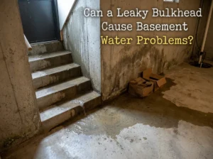 Wet basement floor and water-damaged walls caused by a leaking bulkhead stairwell