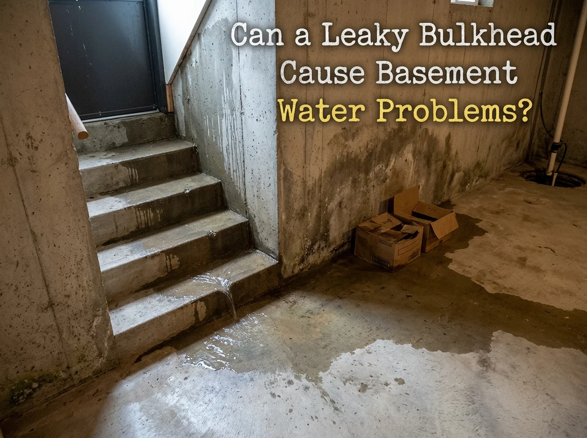 Wet basement floor and water-damaged walls caused by a leaking bulkhead stairwell