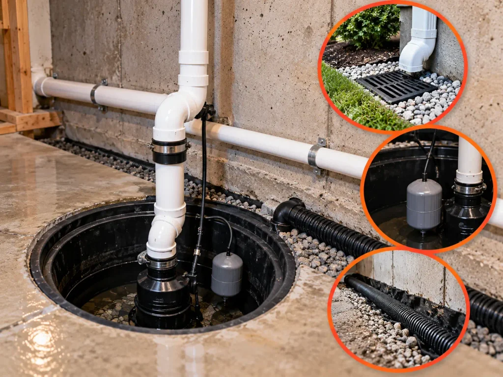 How to Prevent Basement Dampness in Lexington, MA Homes Basement sump pump in a water-filled basin with PVC piping, accompanied by three inset images of drainage and discharge components.
