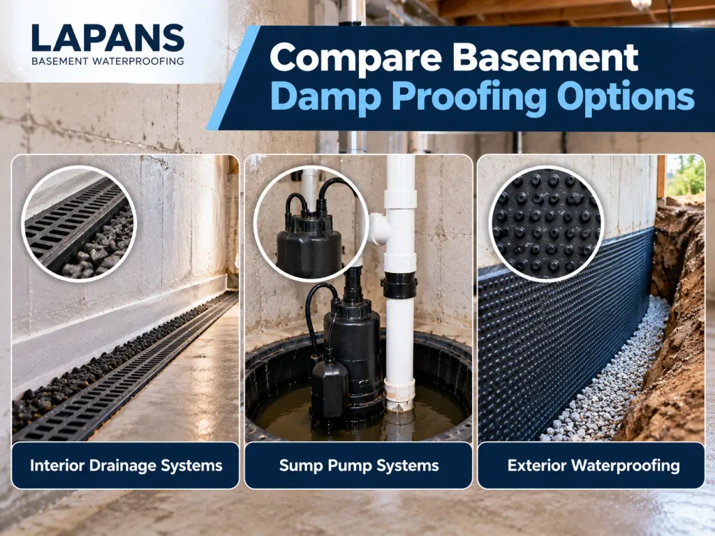 How to Choose Basement Damp Proofing for Your Lexington, MA Home Comparison of basement moisture protection methods, including an interior drainage channel, sump pump system, and exterior foundation waterproofing membrane.