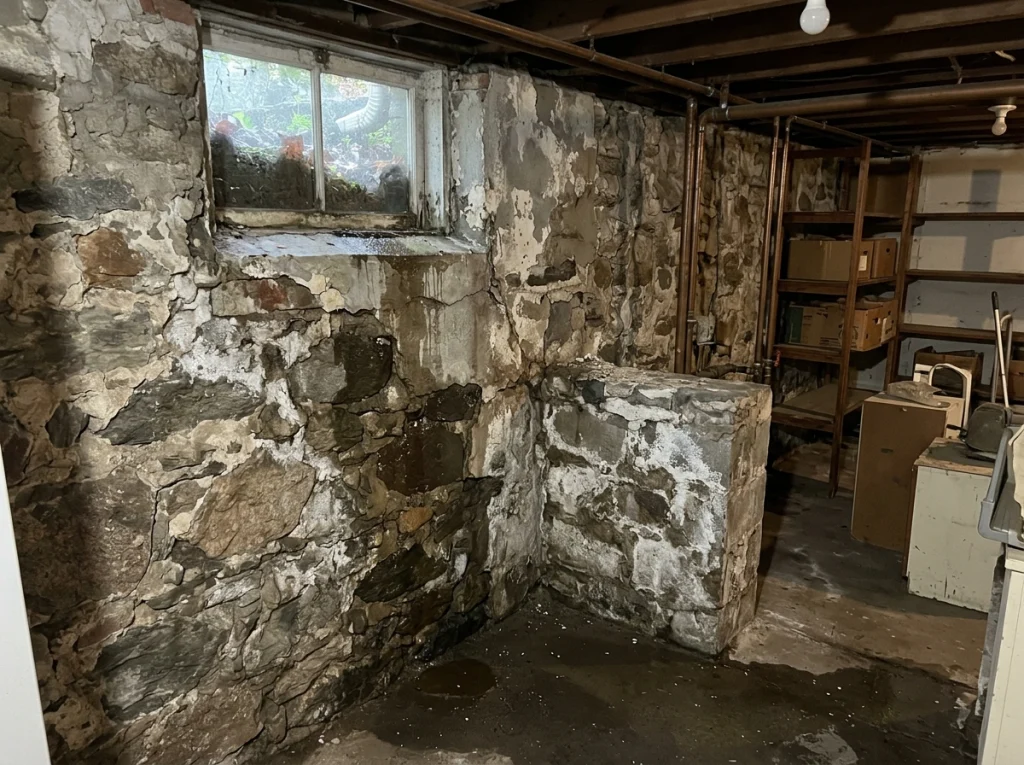 What Causes Damp Basement Walls in Lynn, MA Homes? Damp basement stone foundation walls with peeling plaster, moisture stains, and water seepage near a window in a Lynn, MA home.