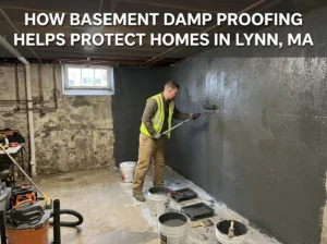 A professional basement waterproofing technician rolling damp proofing sealant onto a concrete foundation wall, demonstrating the process used to protect homes in Lynn, Massachusetts from moisture damage.