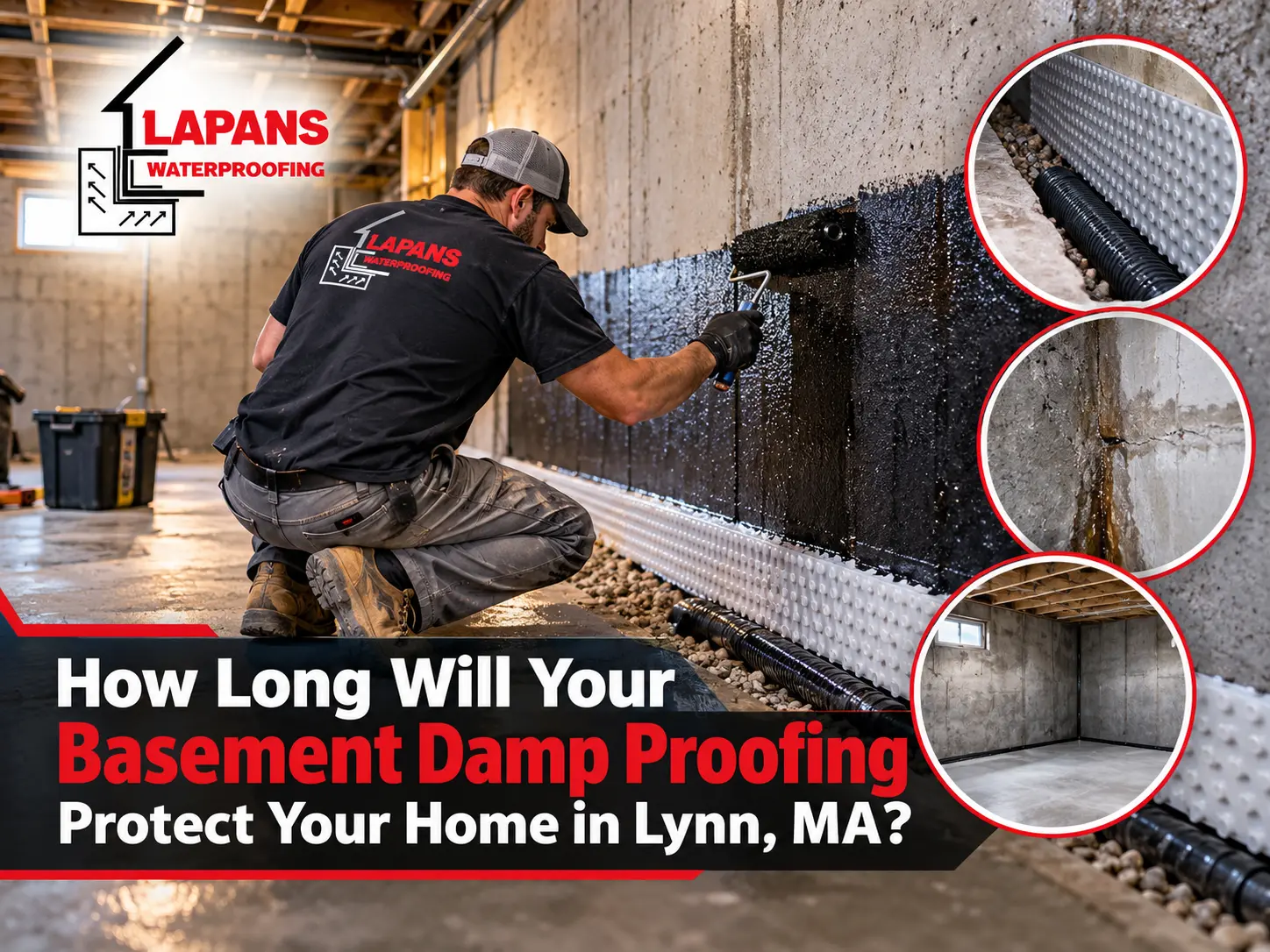 Basement waterproofing specialist inspecting a damp-proofed concrete foundation wall with an interior drainage channel and sump pump system.