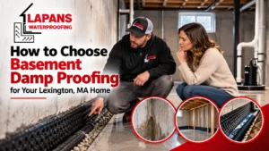 Basement waterproofing specialist inspecting a foundation wall, with close-up views of drainage channels, sump pump equipment, and waterproofing membrane.