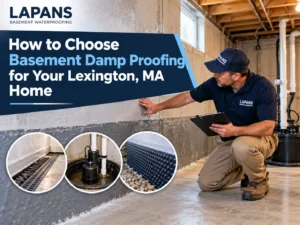 Basement waterproofing specialist inspecting a foundation wall, with close-up views of drainage channels, sump pump equipment, and waterproofing membrane.