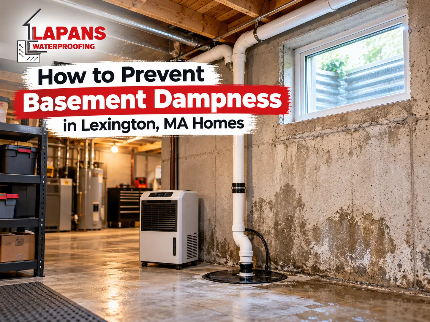 Lapans Waterproofing graphic showing how to prevent basement dampness in Lexington, MA.