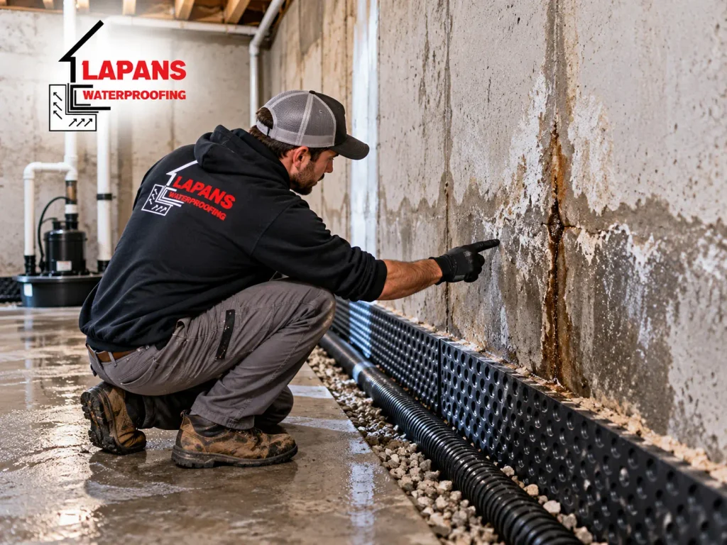 Basement waterproofing specialist inspecting a damp concrete foundation wall, with close-up views of water stains, wall cracks, and mold growth.