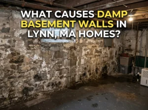 Damp basement walls with peeling paint, moisture stains, and deteriorating stone foundation in a Lynn, MA home.