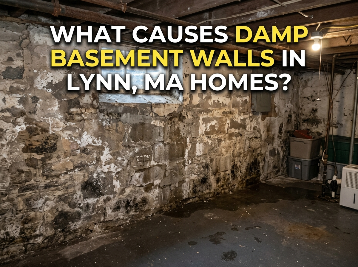 Damp basement walls with peeling paint, moisture stains, and deteriorating stone foundation in a Lynn, MA home.